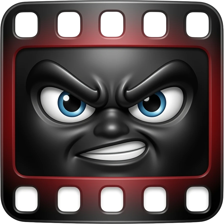 powerful film strip character, bold cinematic mascot, black and red theme, white highlights, sharp dramatic lighting, luxury brand identity, modern vector + 3D mix style, centered composition, high resolution, clean background emoji