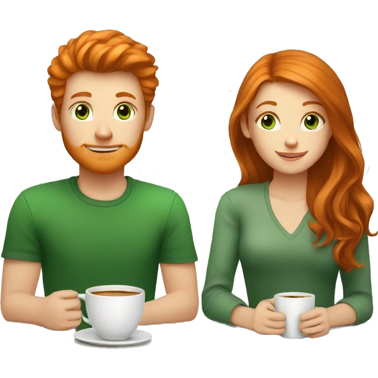 ginger hair girl and brown eyes and brunette boy with green eyes having a coffe emoji