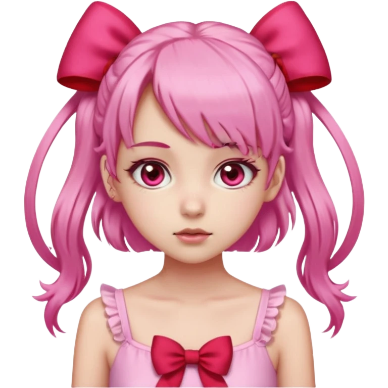 Faz uma garota de pele clara Seus olhos são grandes e rosa-avermelhados, sempre brilhantes e emotivos. O cabelo é rosa claro, preso em dois rabos de cavalo laterais com laços vermelhos, e sua franja é cheia, caindo sobre a testa de forma suave. emoji