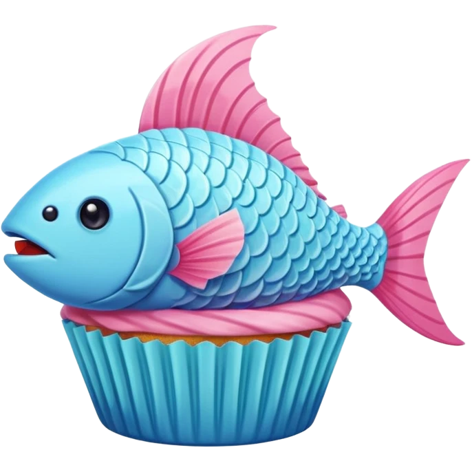 the flat side view of a fictional cup cake fish (fish with cup cake body, NOT a fish on a cupcake) emoji