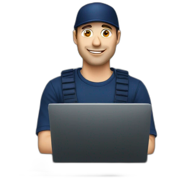 european guy wearing navy cap using laptop emoji