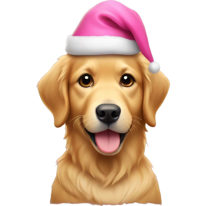 Small golden retriever with pink Christmas hat emoji