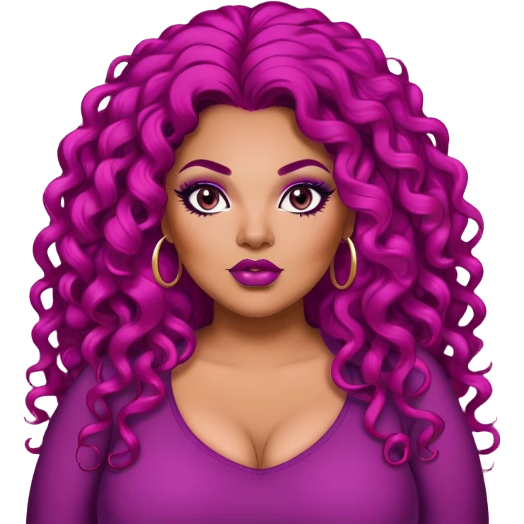 big plus size, darker tan skin, long magenta curly hair, baddie,pretty, makeup, lipliner, black eyeliner, long magenta hair emoji
