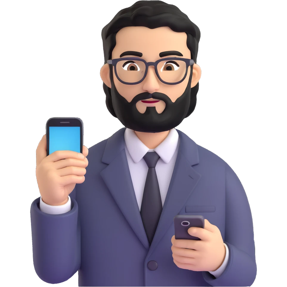 polished standing pose of professional man with medium black beard, black hair styled and combed to one side, connected unibrow, olive tan skin, brown eyes, glasses, prominent nose, dressed in formal black jacket, prominently displaying mobile phone in hand emoji