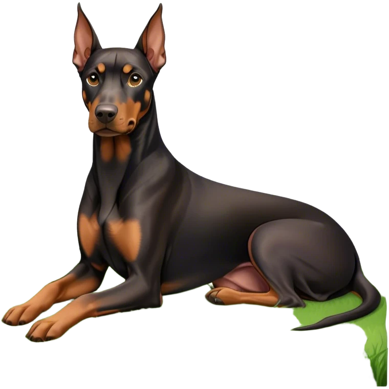 Close-up of a Doberman Pinscher sitting on lush green grass, looking alert and majestic. The background features a beautiful, serene nature view with rolling hills and bright blue skies. The dog’s sleek black and tan coat shines under the sun. Transparent background. emoji