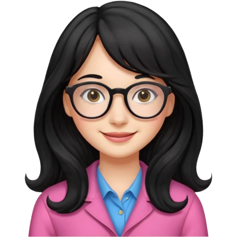Please generate a portrait of a pretty girl with long, wavy, black hair. She's smiling. She also wears a middle parting and bangs. with glasses pink clothing emoji