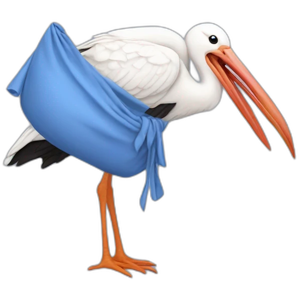 White stork carrying a blue bundle of cloth in its beak that has a human baby with dark hair and the baby face and head is peeking from the cloths bundle the strok is carrying with its beak emoji