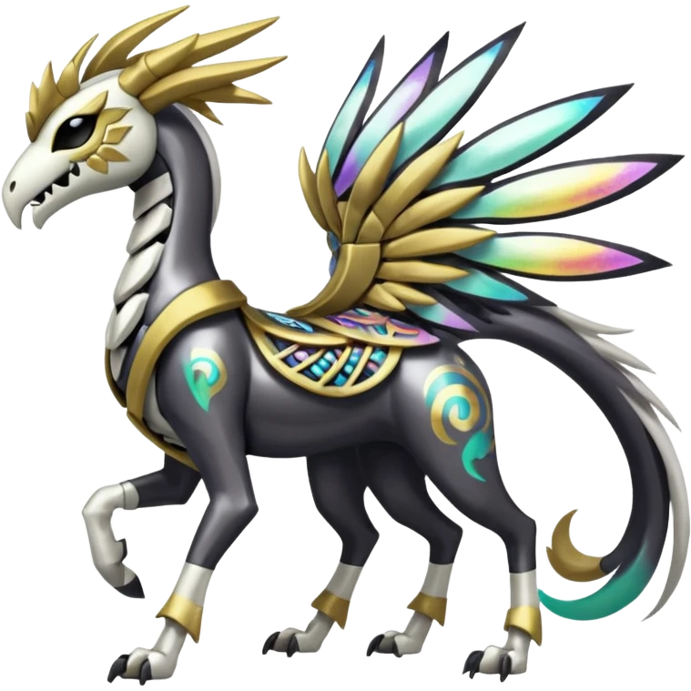 Colorful Shiny Tribal Skeletal masked armored Meloetta-Silvally-Solgaleo-Raikou-Pokémon-Digimon-Fakémon-fusion-hybrid-creature, full body emoji