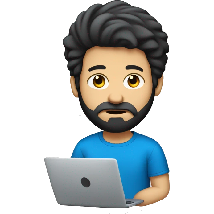 white guy with beard black hair big nose thin face typing in laptop wearing blue t-shirt emoji