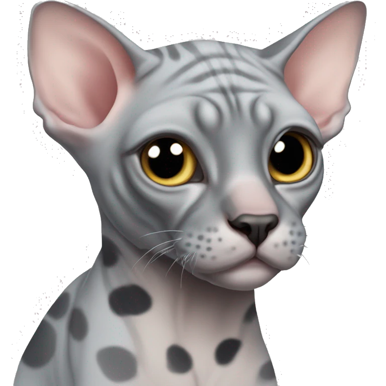 A chubby gray sphynx cat with black spots emoji