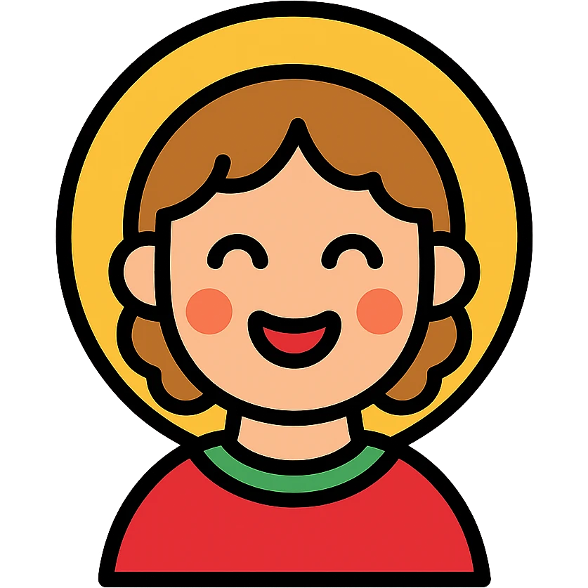 A wide face, radiant with joy, like the younger saint in a fresco emoji