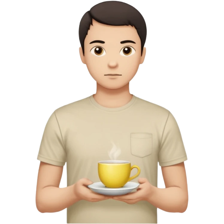 человек с короткими тёмными волосами и круглым лицом. У него спокойное, нейтральное выражение лица, тёмные глаза, аккуратные брови. Он стоит прямо на фоне светлой стены. На нём светлая футболка с небольшим рисунком. В целом образ выглядит простым и аккуратным. В руках чай с лимоном emoji