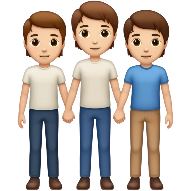 3 white men standing next to each other holding hands, with brown hair emoji