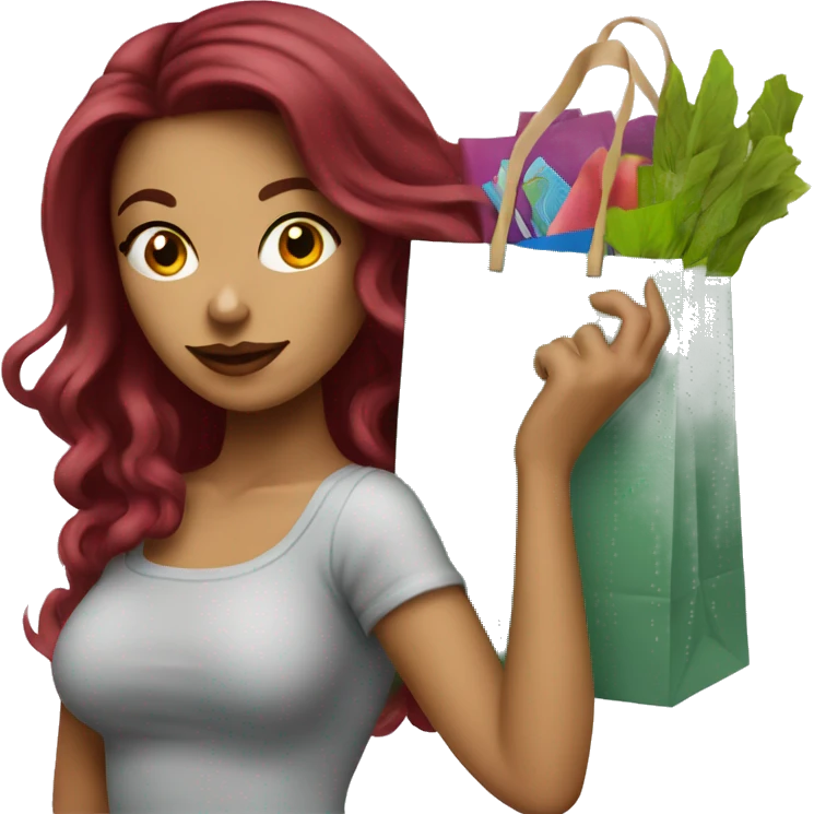 Beautiful tattooed burgundy long haired woman carrying a lot of shopping bags emoji