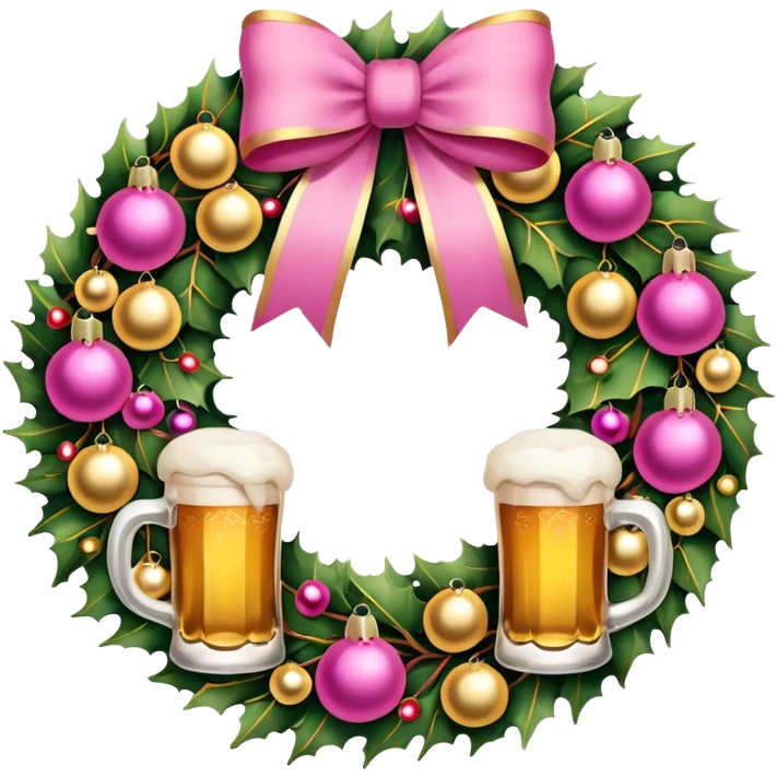 Christmas wreath pink and gold with baubles as beers emoji
