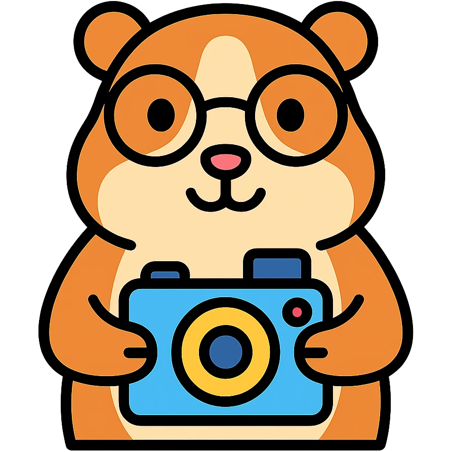 studious guinea pig with glasses holding a camera, cute outlined colorful style emoji