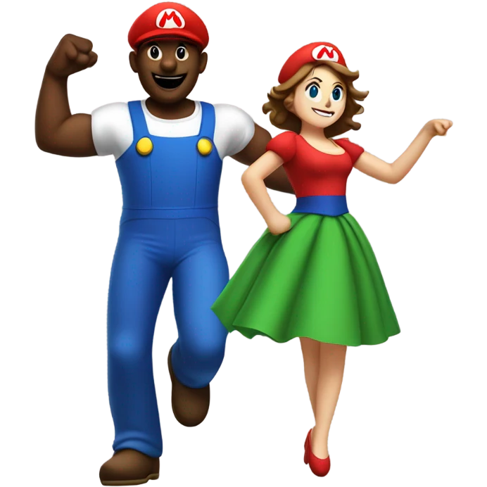 Black man with giant Mario costume head dancing with brunette girl emoji
