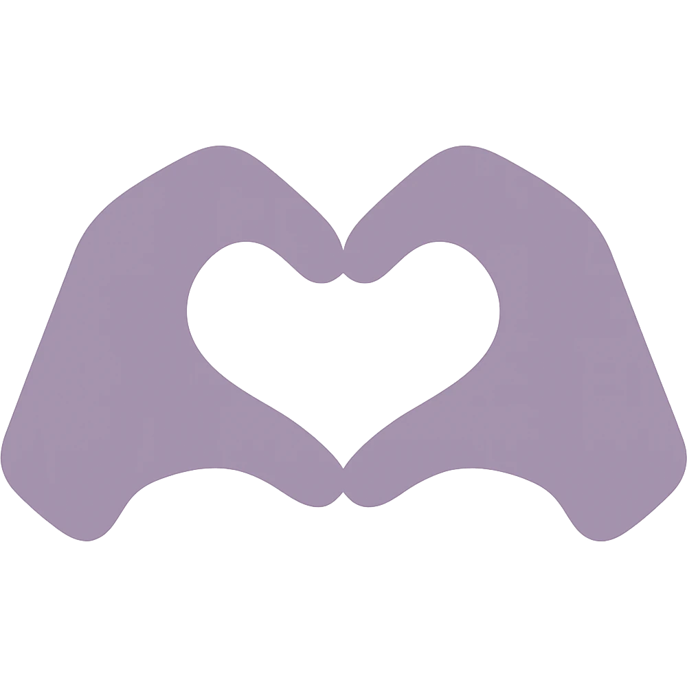 Make the hands more realistic while keeping the dull purple color-filled style, hands with soft edges forming a heart shape, maintain transparent background. emoji