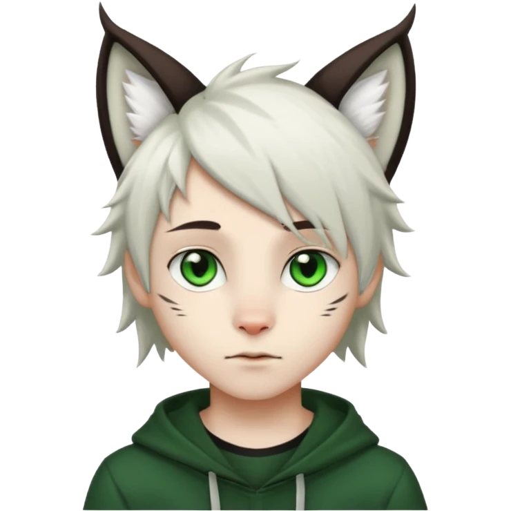 White cute boy with dark brown emo-style hair and white lynx ears emoji