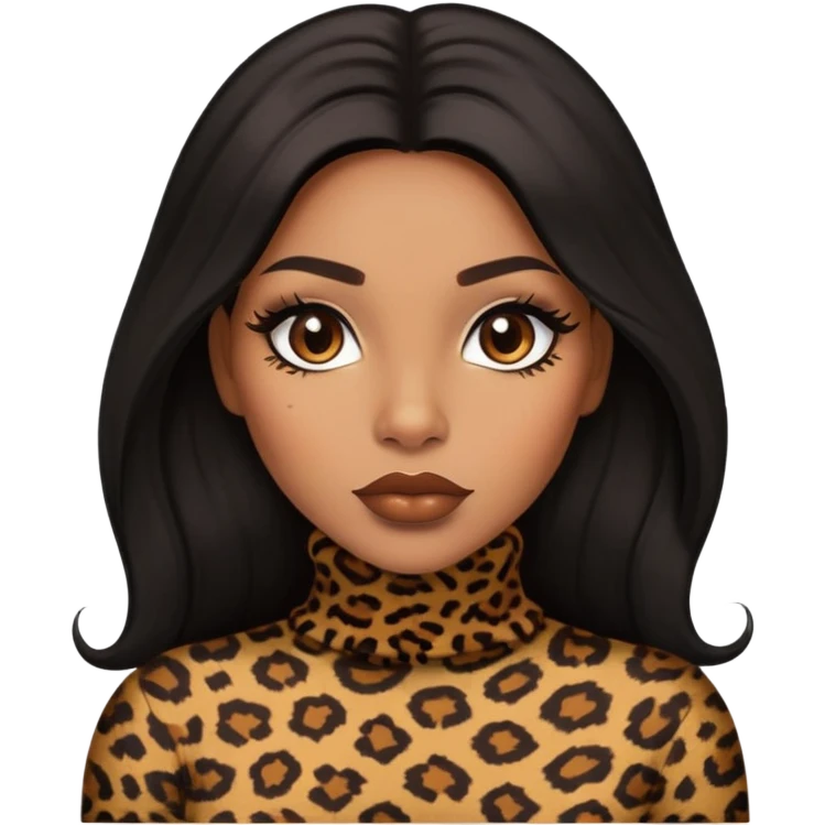 light brown skin tone, very beautiful woman, with big plump lips, long long lashes, black straight long hair, brown eyes, leopard turtle neck emoji