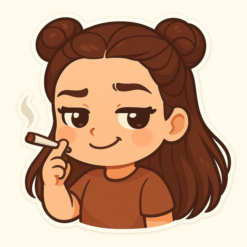 Create a chibi sticker of a girl with double bun hairstyle, same face and clothes as previous stickers, holding a cigarette with a smug and confident facial expression. emoji