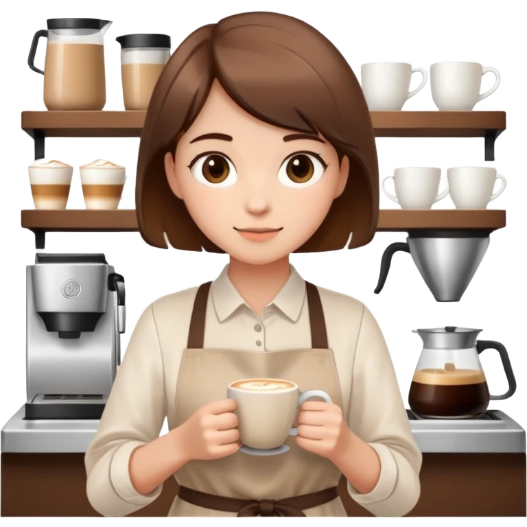 cute girl with short brown hair, wearing a beige barista apron over a white blouse, holding a coffee cup with latte art, faceless design emoji