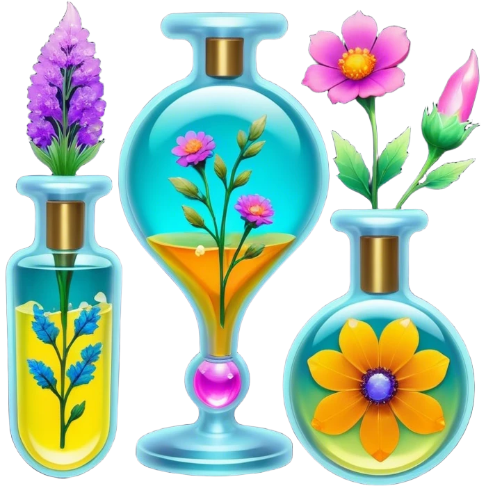 Epoxy resin art icon, jewelry and decorative items made with fluorescent epoxy resin, glowing effect on the resin, finished resin jewelry with dried flowers embedded inside, visible tubes of resin with bright colors, mixing tools, and molds, minimalistic style, clean lines, transparent background emoji