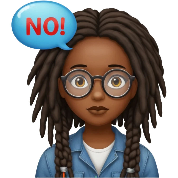 darker skin female with dark dreadlock hair wearing large round glasses with a word bubble that says no emoji