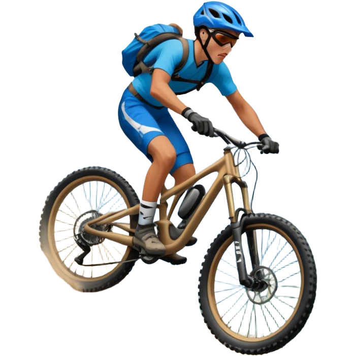 A thrilling downhill mountain biking scene! A rider in full gear speeds down a steep rocky trail, kicking up dust. The rugged mountain landscape surrounds them, with towering peaks, evergreen trees, and a bright blue sky. The rush of adventure is in the air. Transparent background. emoji