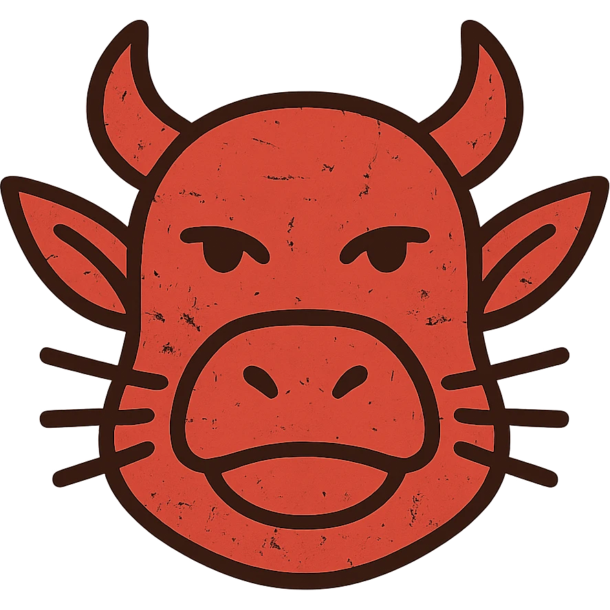 an extremely abstract, minimalist, and worn red icon combining: stoat eyes, minotaur skull horns, frog mouth, elf ears, moth wing textures as cheeks, cat whiskers, platypus bill as nose, and capybara head shape, all merged into one strange chimeric head, with scratched and weathered appearance, incomplete lines, and distressed texture, entirely red emoji