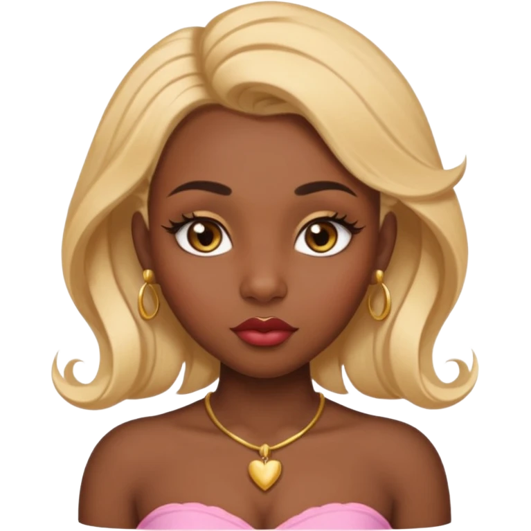 darkskin female with eyebrows that are naturally shaped and frame eyes well, eyes that are almond-shaped with defined lashes. nd lips are full with a defined cupid’s bow, add also a septum piercing that adds an edgy, stylish flair. a middle-part, honey blonde bust-down with laid baby hairs emoji