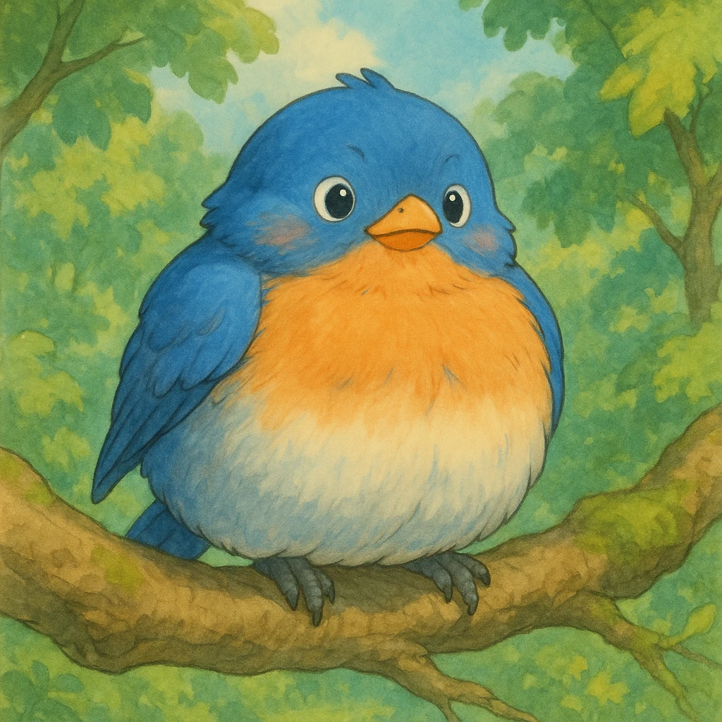 a chubby bluebird perched on a branch, ghibli style emoji