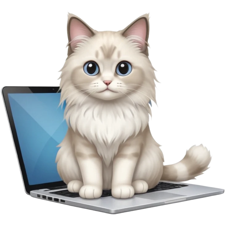 Cute ragdoll cat on a laptop. Should sit on top of the laptop, cat is way bigger than the laptop. Could walk on the laptop or sit. I liked the first one but remove the blue on the cat, Please make the brown parts light grey emoji