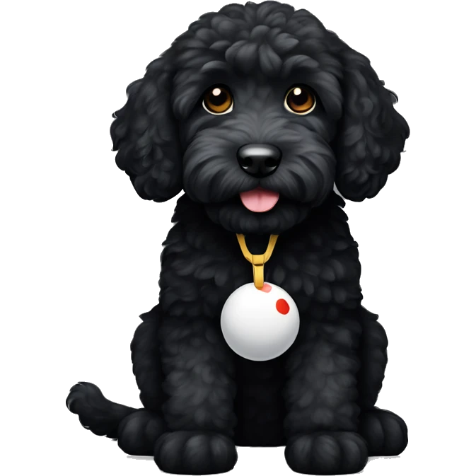 Jet black Labradoodle with white spot on chest holding a toy emoji
