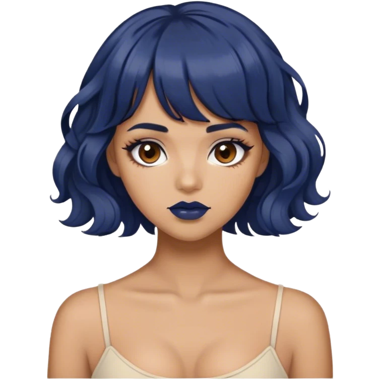 tan girl with dark blue wavy hair, bangs, dark brown lip liner and dark brown eyes  emoji