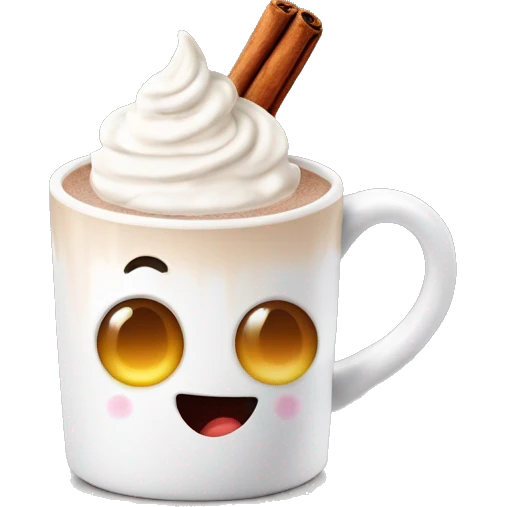 white mug of hot chocolate with whipped cream and cinnamon emoji