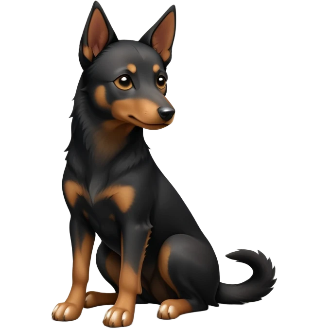 cinematic-[australian kelpie]-detailed realistic-full-body-sitting-emoji,-tail-resting-loosely-beside-its-paws,-head-tilted-dramatically, -sleek-[Black and tan]-fur,-simplified-yet-realistic-focused-features,-highly-detailed,-glowing-with-an-almost-sarcastic-glow emoji