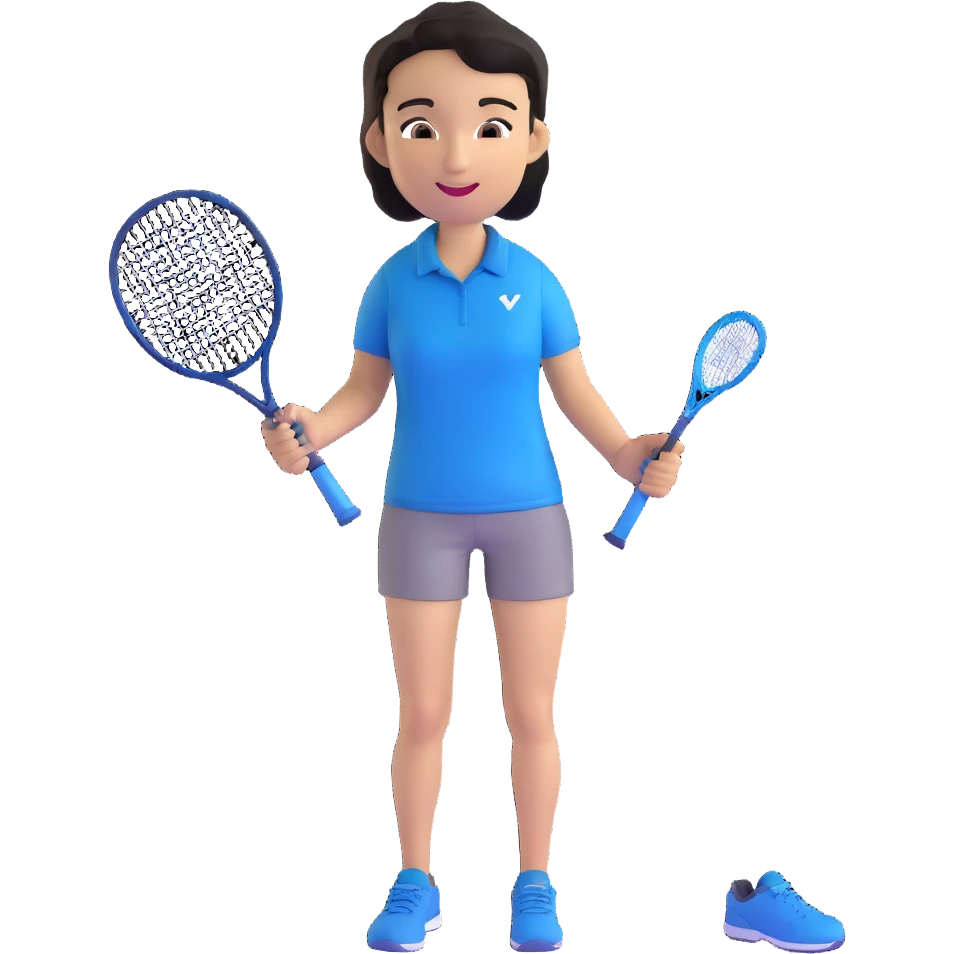 light brown skinned tennis coach, short straight black hair with widow's peak, oval face, small eyes, smiling, holding blue Yonex racket, wearing navy blue dry fit shirt emoji