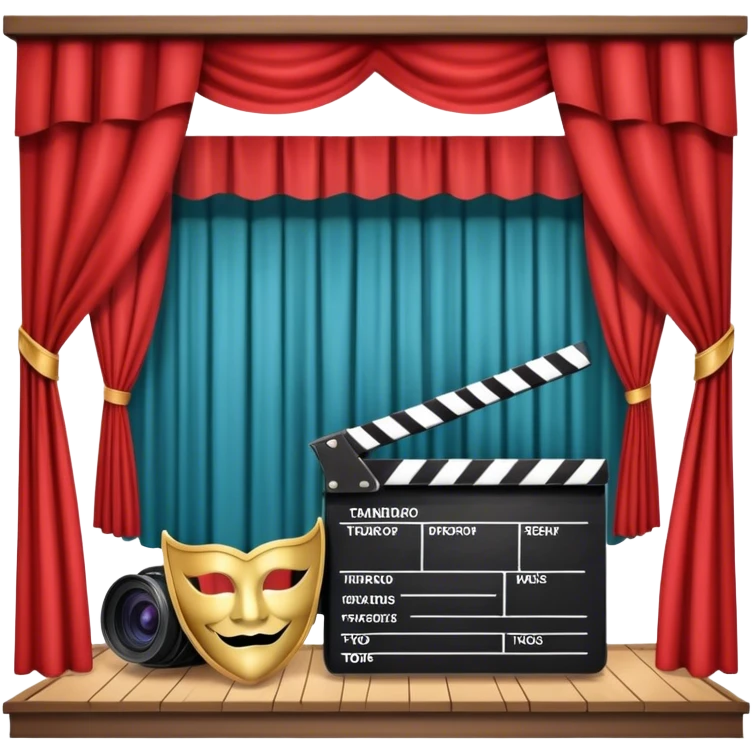 Icon for Acting in Theatre: a stage with curtains, a theater mask, a film camera, and a clapperboard. The design should represent theatrical performance and acting techniques. Transparent background. emoji
