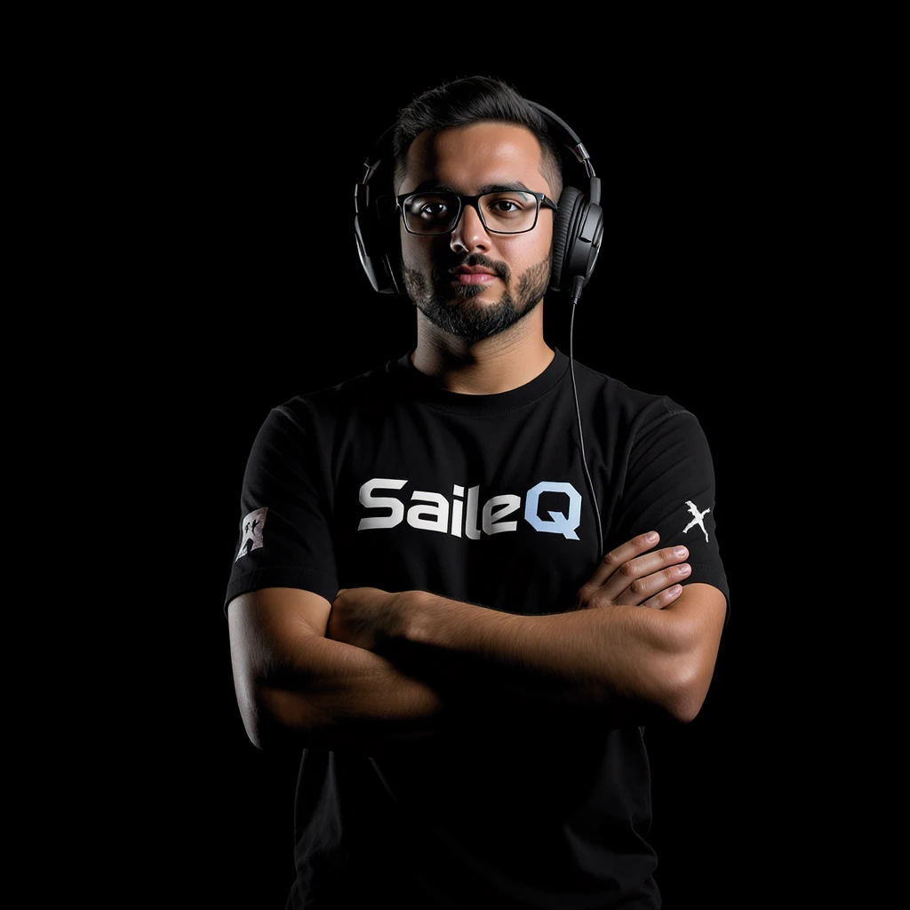 Csgo pro player profile proffesional photo, low key light back light, man standing crossed hands with tshirt with text "SaileQ" black solid background emoji