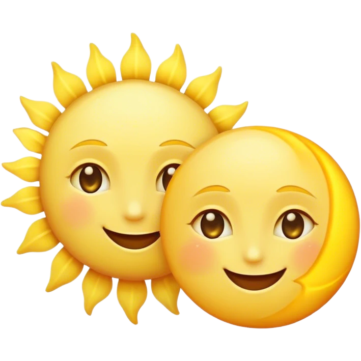 a really bright  big sun and a small moon who shines because of it. the sun is bigger and the tiny \moon bright too beside it smiling looking at each other emoji
