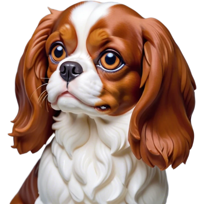 Cinematic Grumpy Blenheim Cavalier King Charles Spaniel Portrait Emoji, Head tilted slightly with a deeply unimpressed expression, thick Blenheim coat with pronounced chestnut and white markings, large, droopy brown eyes narrowed into an unamused glare, ears slightly drooping in exasperation, Simplified yet comically expressive features, highly detailed, glowing with a dry, sarcastic glow, high shine, effortlessly judgmental yet dignified, stylized with a touch of cynicism, bright but brooding, soft glowing outline, capturing the essence of an eternally unimpressed yet endearing companion, so lifelike it feels like it could sigh heavily at you in disdain at any moment! emoji