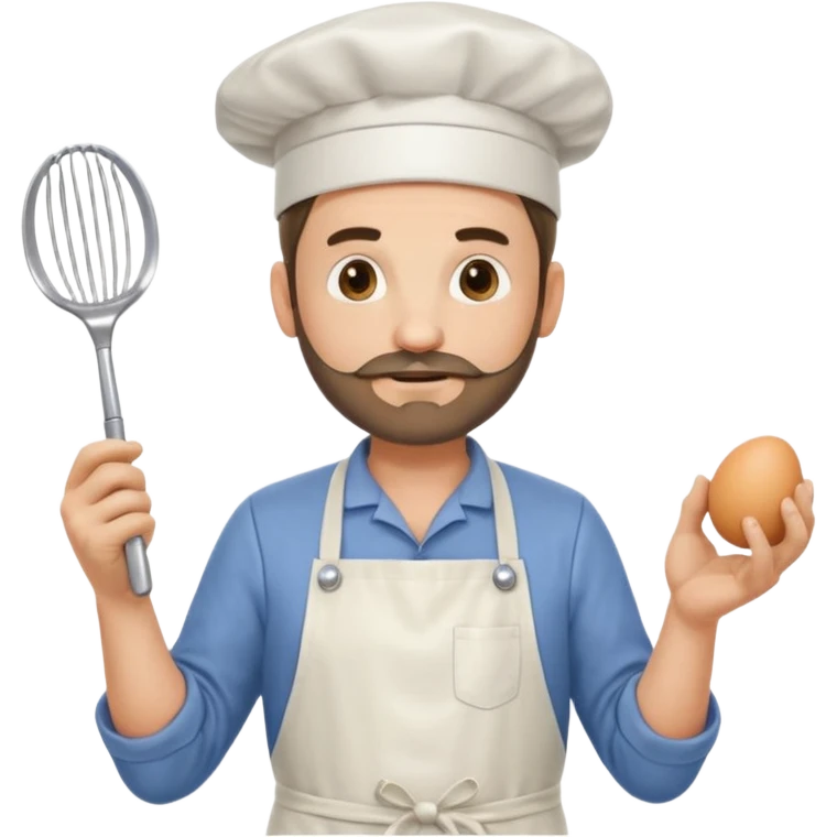 Middle aged male pastry chef - with a small beard, apron, white hat, holding an egg beater in his right hand, and his left hand naturally hanging down to his side emoji