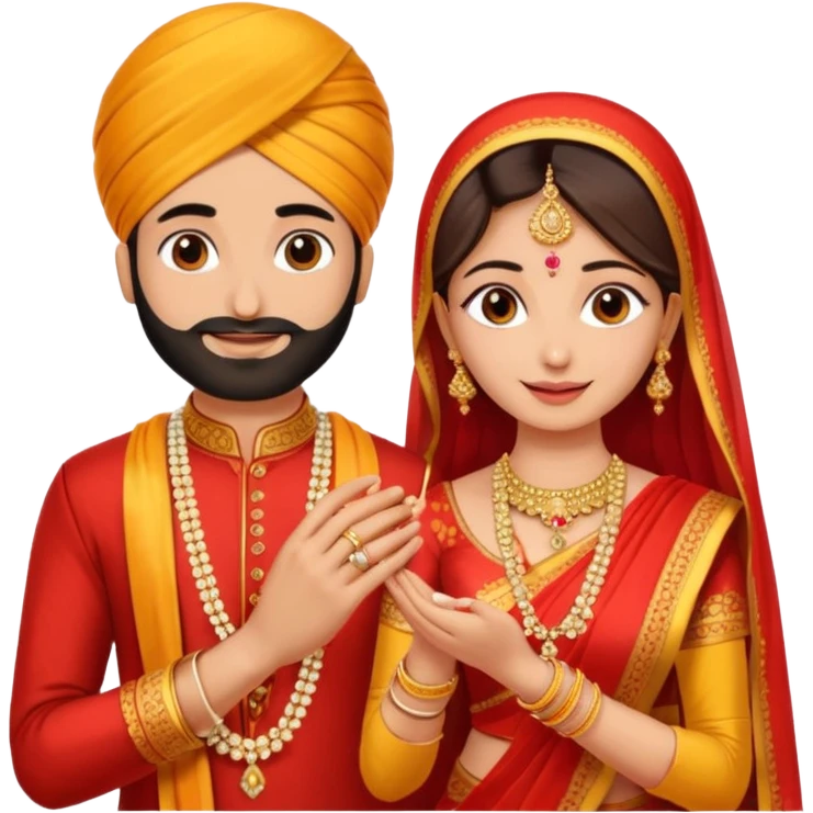 Two hands in a engagement..One hand of groom and one hand of bride. Bride hand - red/yellow saree. groom- light orange punjabi (oonly hands will be visible in the image). Groom's hand is holding a ring and bride's hand will be wearing the ring emoji