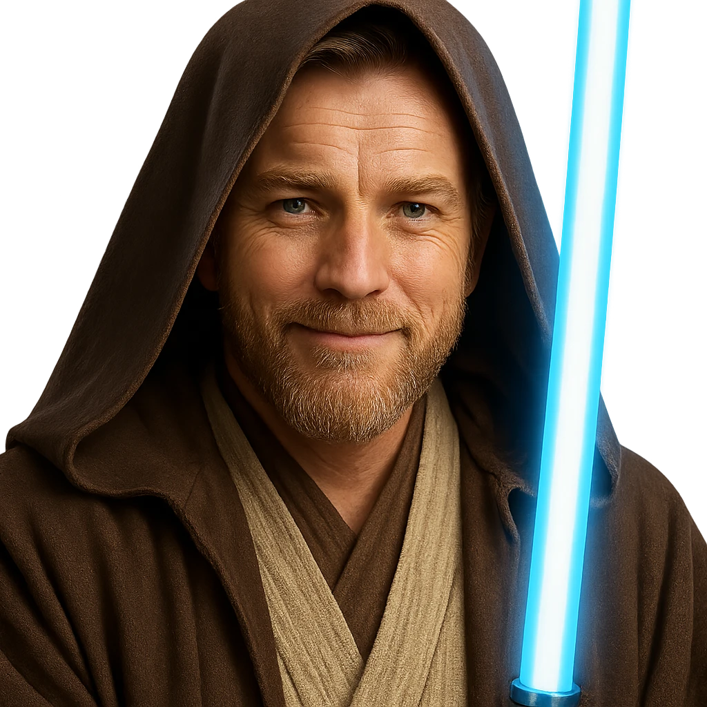 Obi-Wan Kenobi, close-up, gentle smile, Jedi hood up, blue lightsaber glow, Star Wars emoji