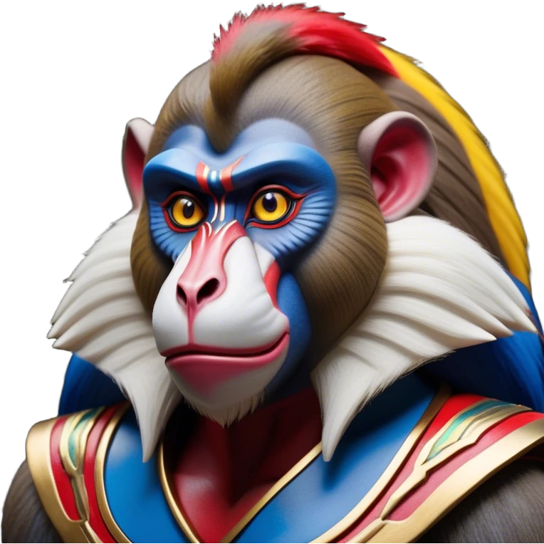 Cinematic Noble Mandrill Portrait Emoji, Poised and regal, with a striking, powerful build and a vivid, multicolored face accented by bold blue, red, and yellow hues, deep-set soulful eyes, Simplified yet sharp and sophisticated features, highly detailed, glowing with a vibrant, dignified glow, high shine, intelligent and commanding, stylized with an air of exotic majesty, focused and attentive, soft glowing outline, capturing the essence of a watchful and confident primate, so majestic it feels as though it could step out of the screen with effortless authority! emoji
