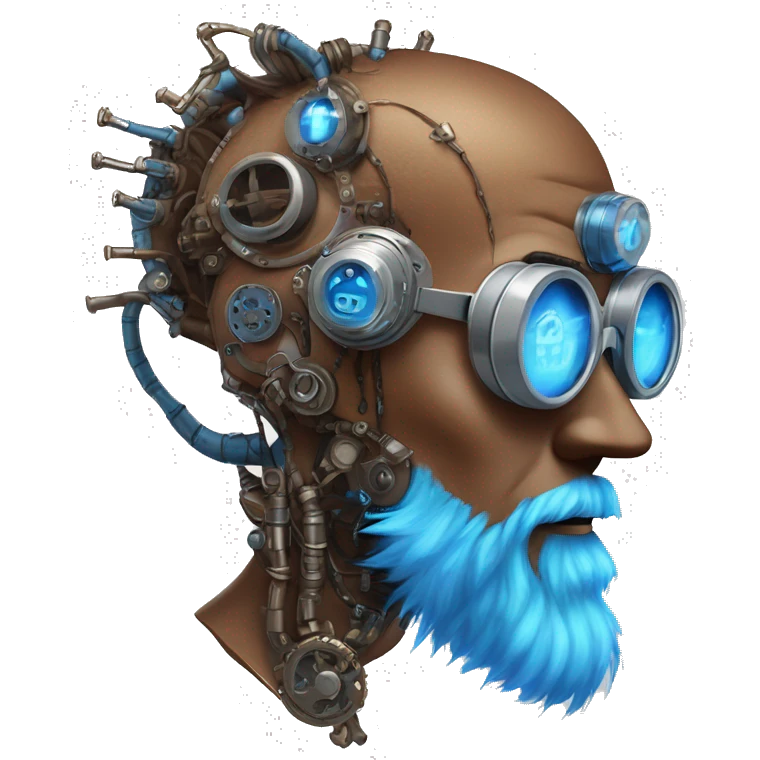 Brown cyborg head with blue Mohawk, blue beard, silver steampunk monocle goggles a smile and circuits emoji