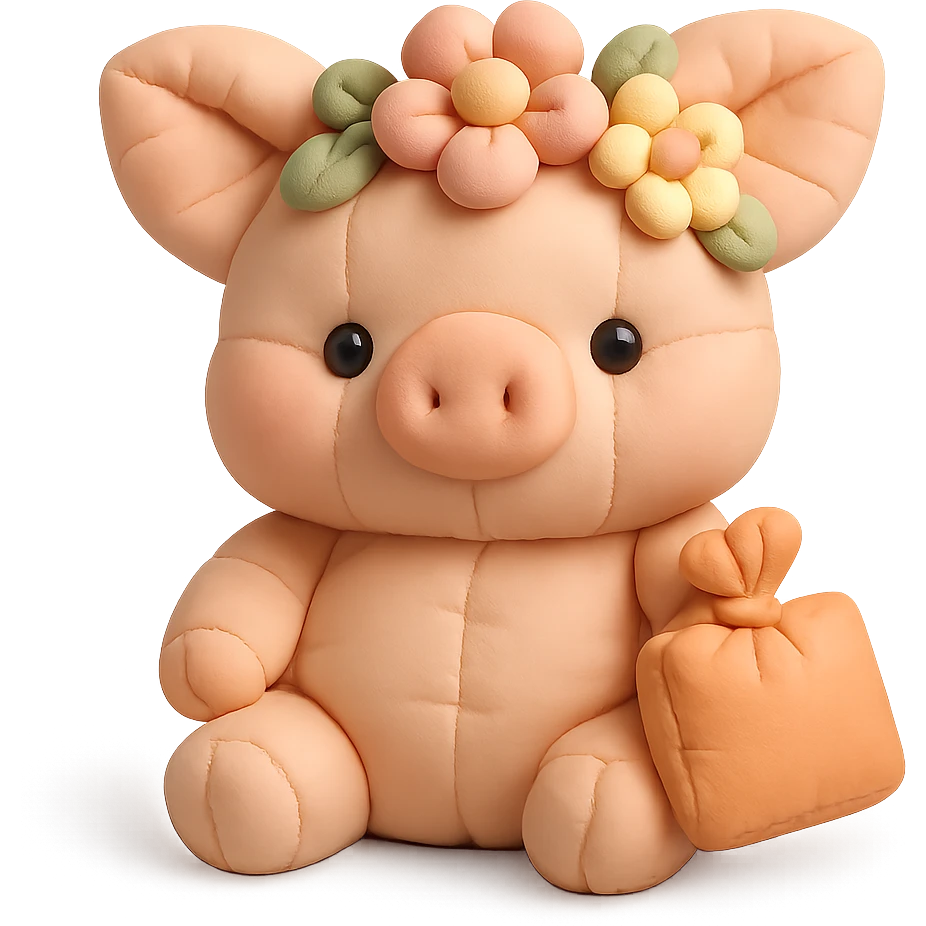 piglet with flower crown and gift bag, cushion style emoji