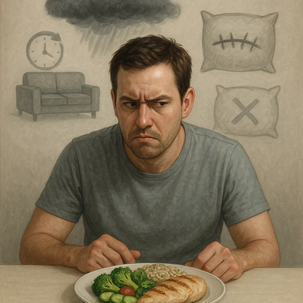 Realistic style illustration of a 30-year-old man sitting at a table, looking suspiciously at a plate of vegetables, brown rice, and chicken. Behind him, transparent and blurred symbolic elements: a storm above the head representing stress, a sewn mouth representing repressed emotions, a pillow with an X representing insomnia, and a sofa with a clock spinning representing sedentariness. Neutral atmosphere, realistic and symbolic style. emoji