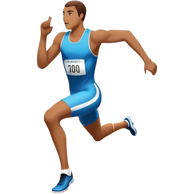 An icon symbolizing The background with track of a large stadium with cheering crowds, a digital timer, and a clear blue sky. professional running: a dynamic sprinting athlete in motion on a track, leaving motion lines behind. Transparent background emphasizes speed, endurance, and competition.  emoji
